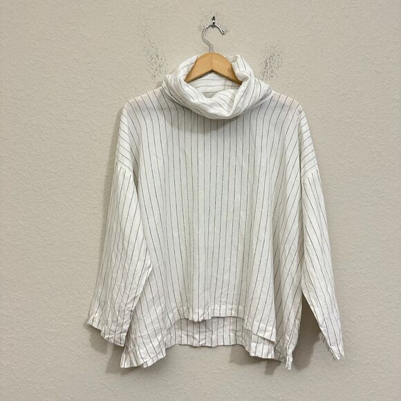 NWOT ESKANDAR White Linen Monk Cowl Neck Top Lagenlook in Stripe Sz 1 (10-12)